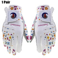 Pair of white women's golf gloves UK with colorful floral pattern on a white background