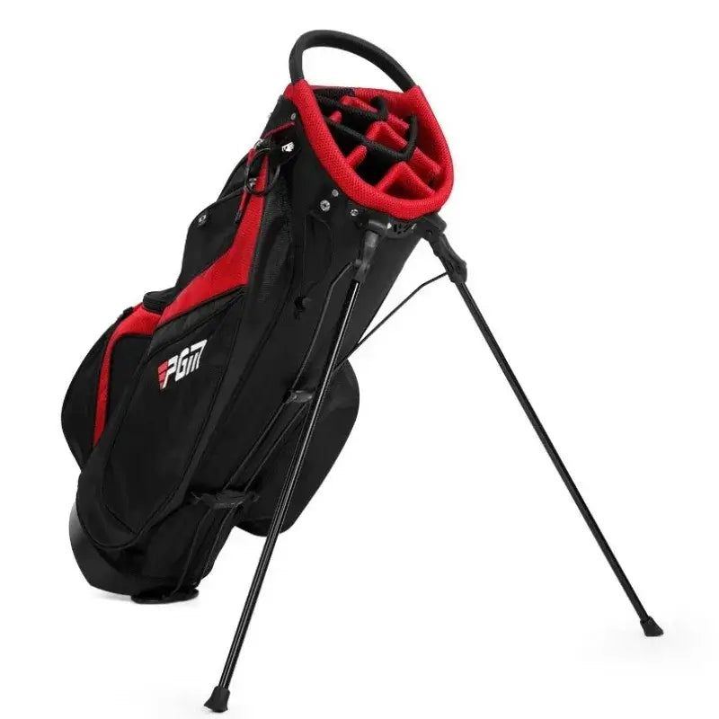 Black and red golf bag with a stand on a white background