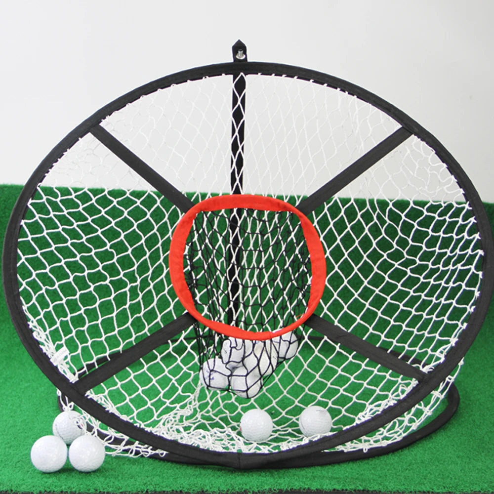 Golf practice net with a red circle highlighting a specific area on a green and white background