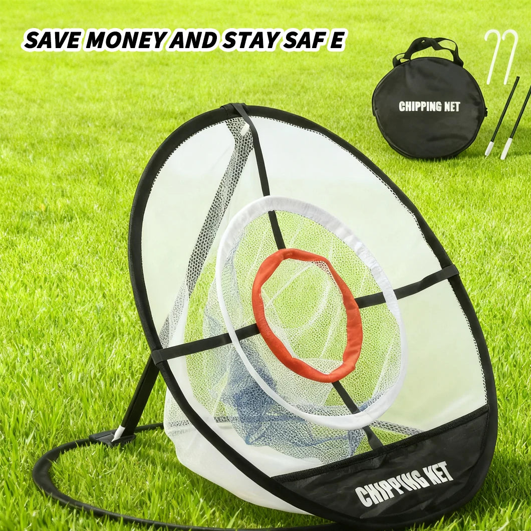 Pop up golf chipping mat and net UK — circular target practice net on grass