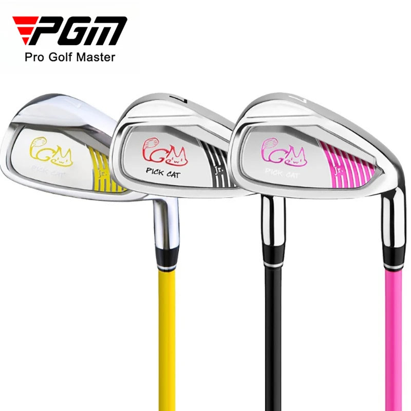 Junior golf club UK - Three PGM Pro Golf Master Pick Cat iron golf clubs with chrome heads and colored shafts in yellow, black, and pink, shown on a white background with the PGM logo in the top left.