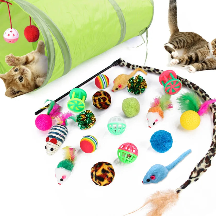 Cat toy set with a green tunnel, colorful balls, and catnip mice on a white background.