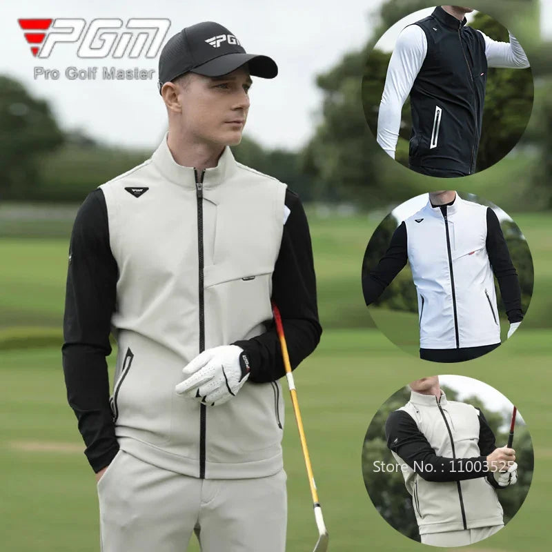 golf gilet UK- Man in golf attire with PGM branding on a golf course