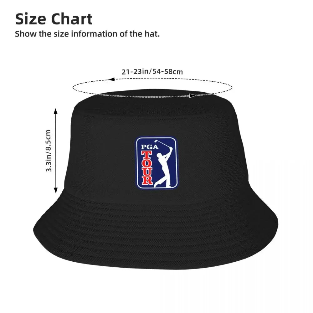 Black golf bucket hat UK with PGA Tour logo and size chart on a white background