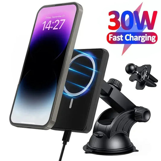 30W Magnetic Car Wireless Charger & Phone Holder for iPhone 15/14/13 - Adistore