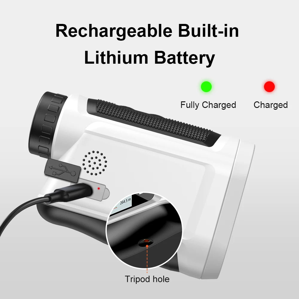 golf rangefinder with slope compensation UK -Rechargeable device with built-in lithium battery and tripod hole on a gray background