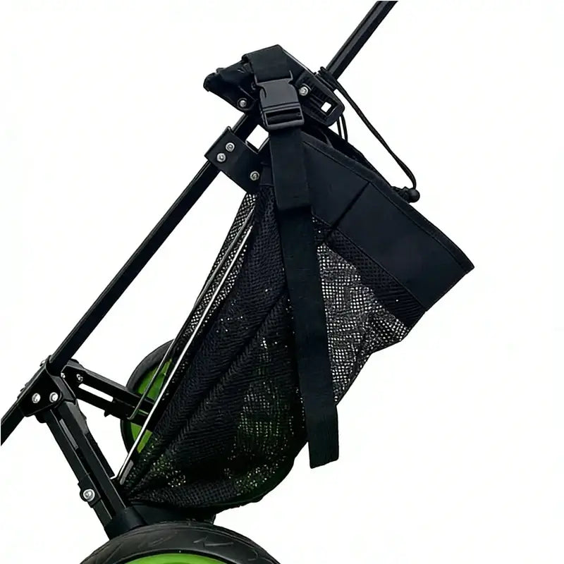 Black golf bag with green wheel on a white background