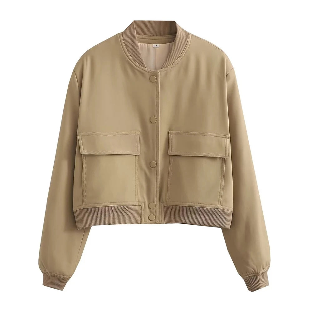 Women Fashion Bomber Jacket With Pockets Casual Vintage Outerwear Coat