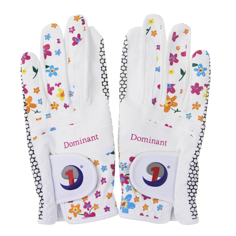 Pair of white women's golf gloves UK with colorful floral patterns and 'Dominant' branding on a white background