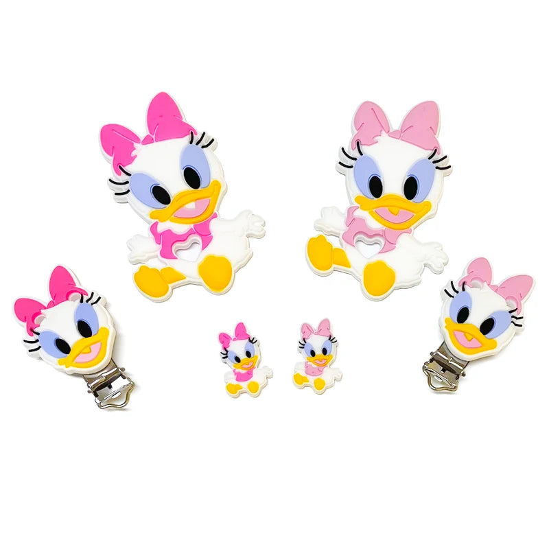 Set of cartoon character clips with pink bows on a white background