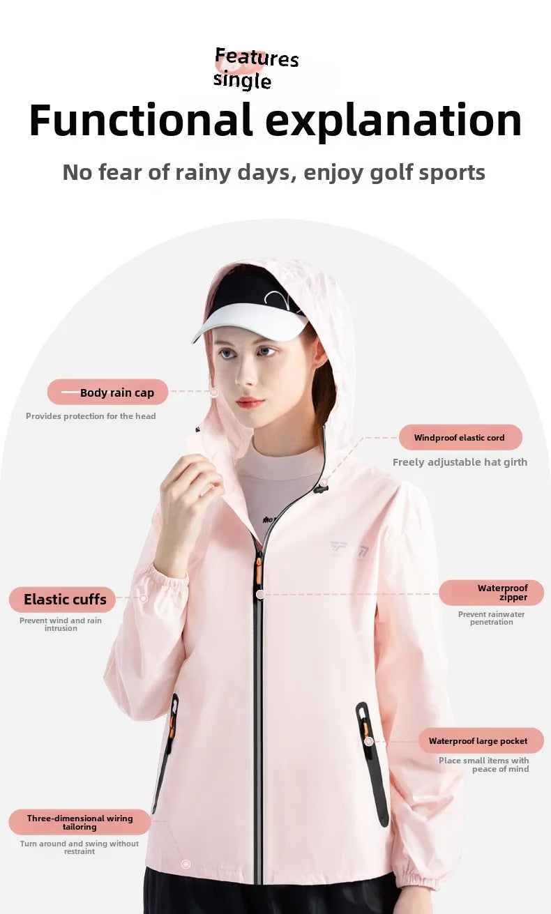 Woman wearing a pink raincoat with features highlighted on a white background