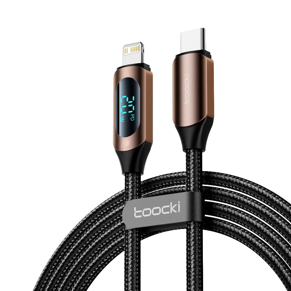 Two-headed charging cable with digital display and 'toocki' branding on a white background