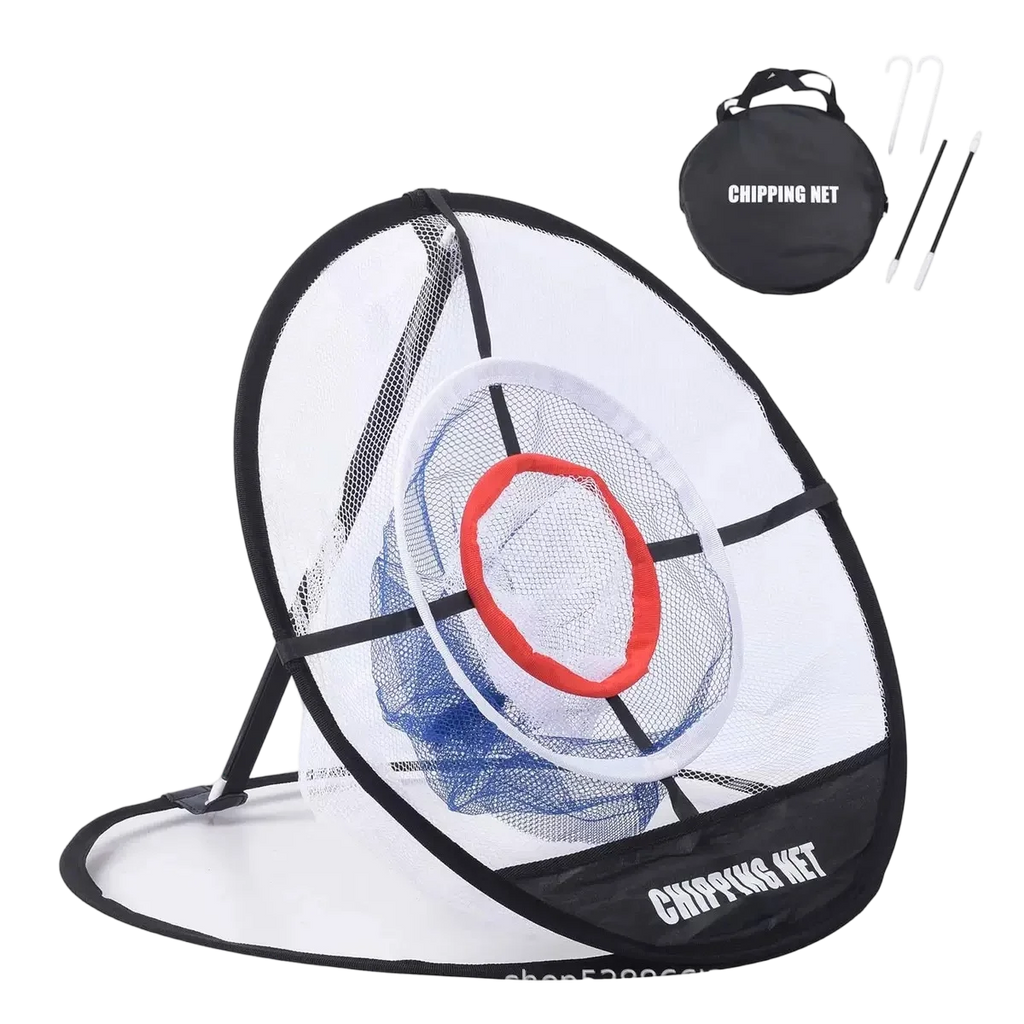 Pop up golf chipping net UK side view — collapsible indoor outdoor practice net