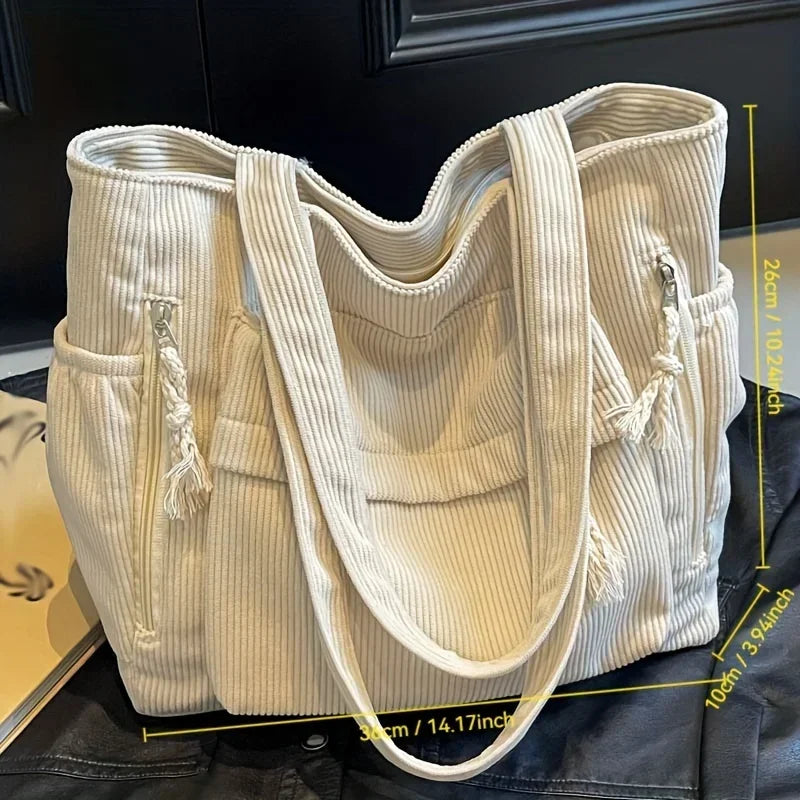 Multi-Pocket Corduroy Women’s Shoulder Tote Bag
