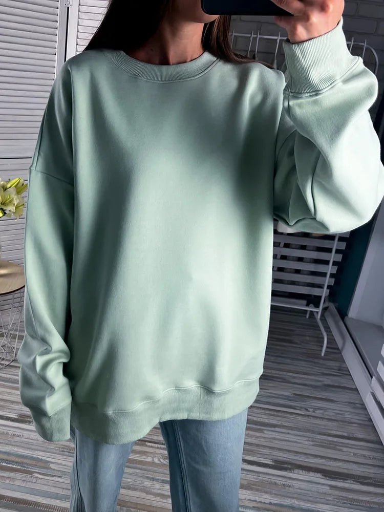 Blue Cotton Sweatshirts Oversize Women O Neck Loose Pullovers Long Sleeve.