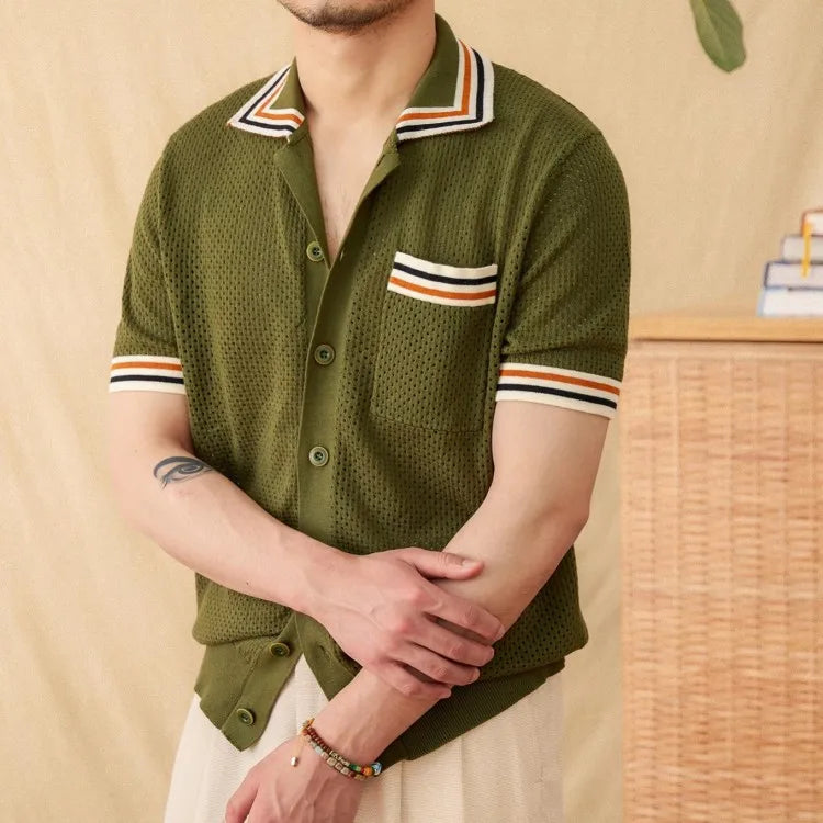 Summer Men's Breathable Hollow Out Knitted Shirt Business Casual