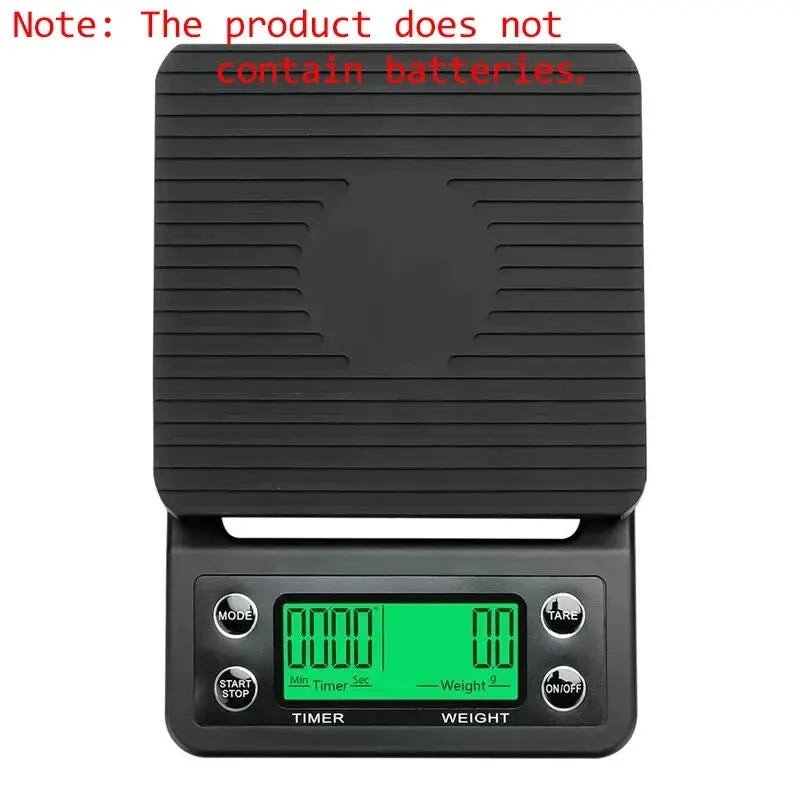 Black digital scale with green display on a white background