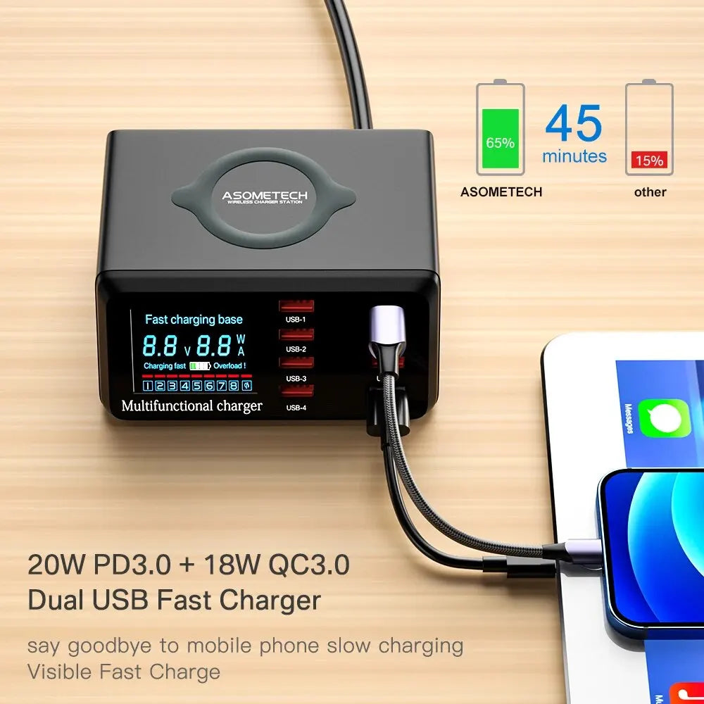 ASOMETECH 100W 8 Ports USB Fast Charger Station With Wireless Charging Digital Display QC3.0 PD3.0 Phone Charger For iPhone 17