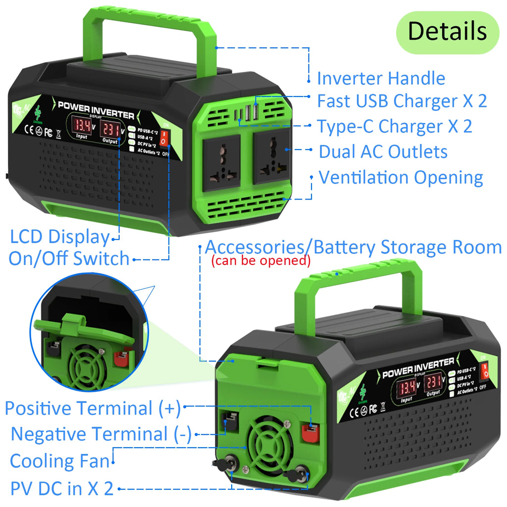 500W 12V to AC Power Inverter with USB & Type-C