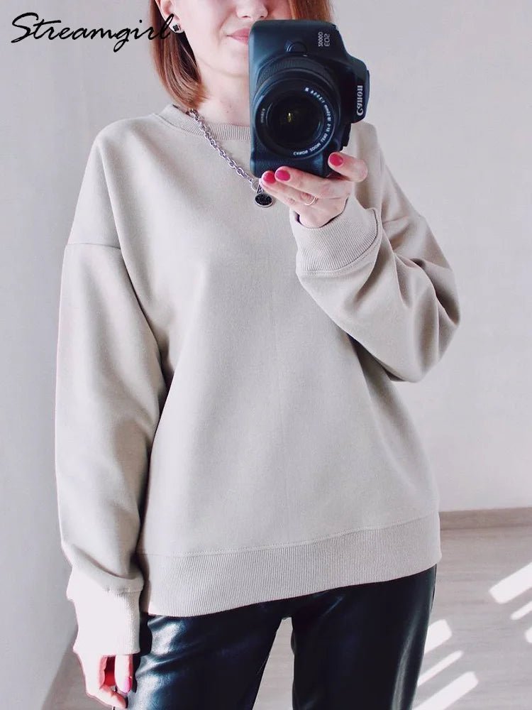Blue Cotton Oversize Sweatshirt for Women – O-Neck Loose Pullover