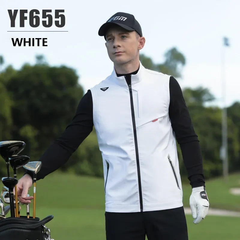 golf gilet UK - Man in white golf vest and black cap holding golf clubs on a golf course