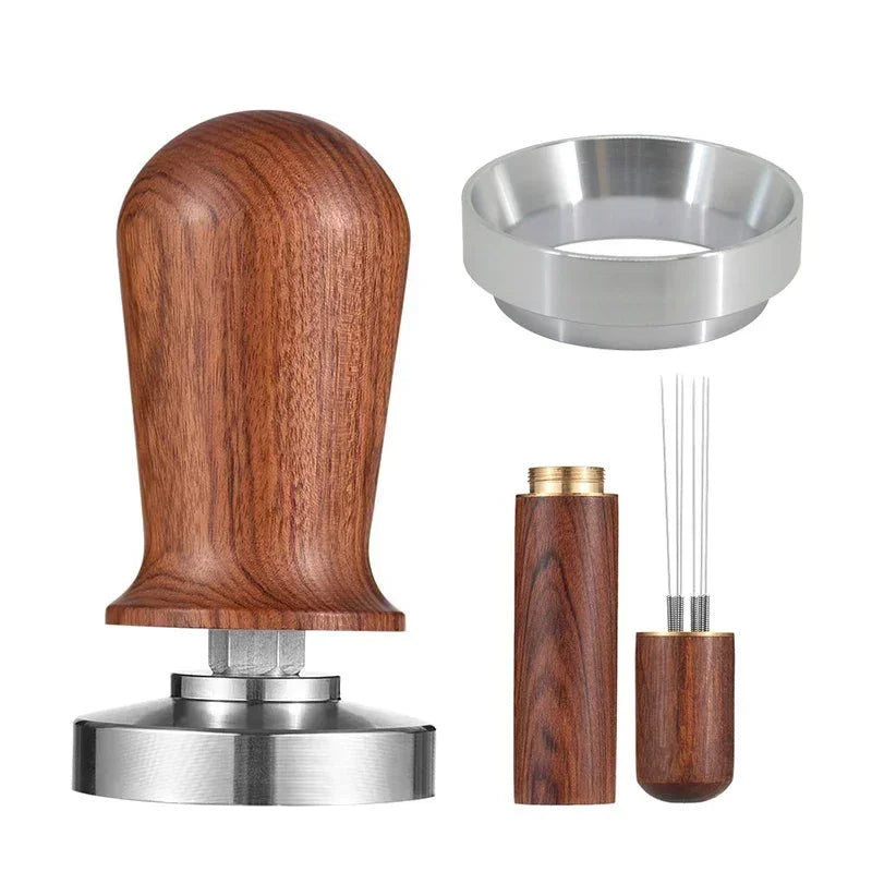 Coffee tamp and accessories with wooden handle and metal components on a white background
