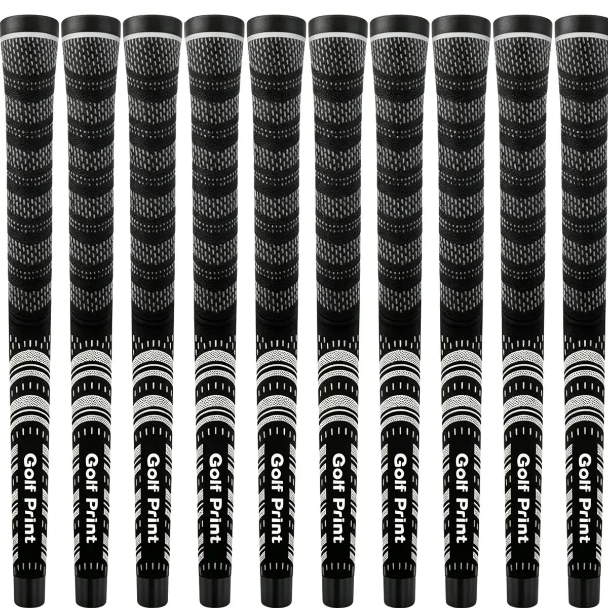 golf iron grips - Ten golf club grips arranged in a row, featuring a black and white geometric pattern with the text 'Golf Print' printed vertically in white.