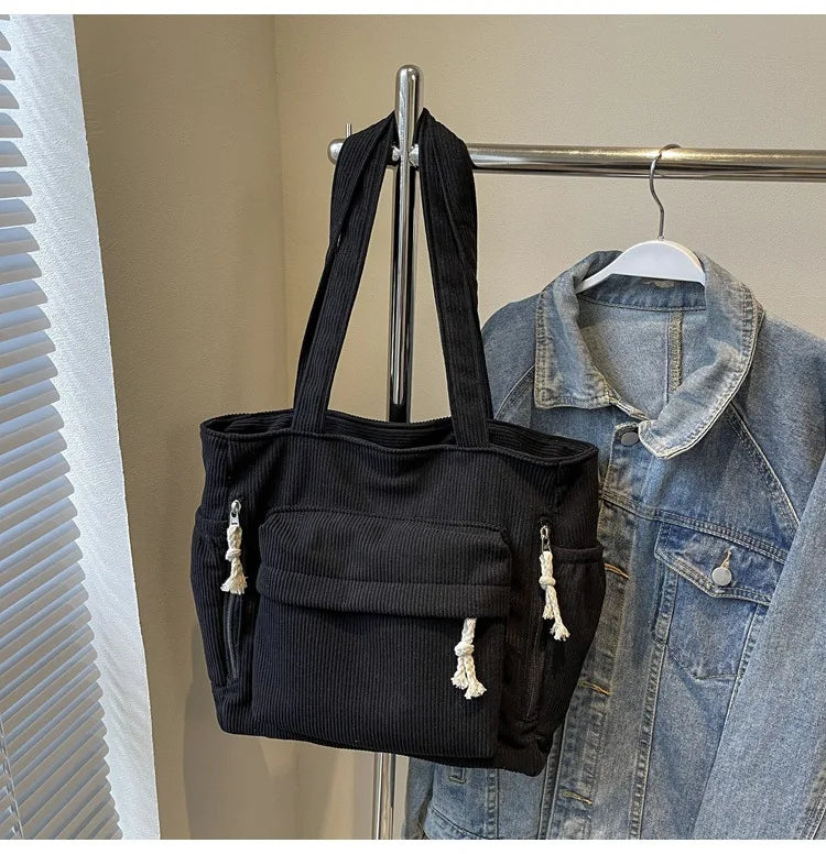 Multi-Pocket Corduroy Women’s Shoulder Tote Bag