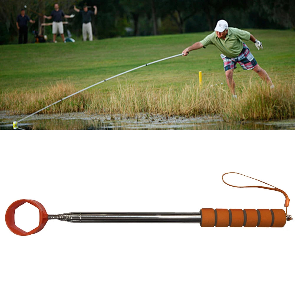 Golf player using a long pole on a golf course with a close-up of the pole below.
