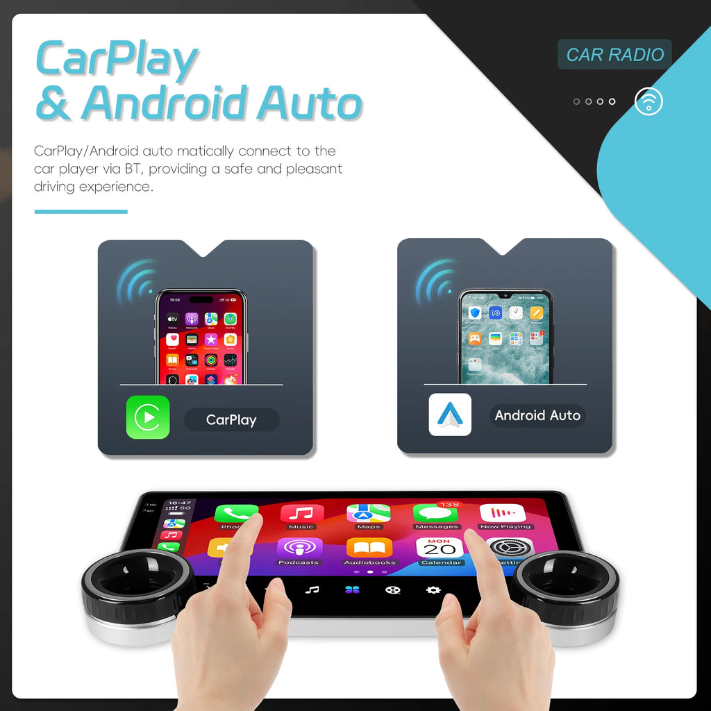 CarPlay and Android Auto interface on a tablet with hands interacting, set against a white and black background.