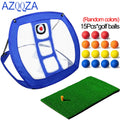 Golf practice net with golf balls and mat on a white background