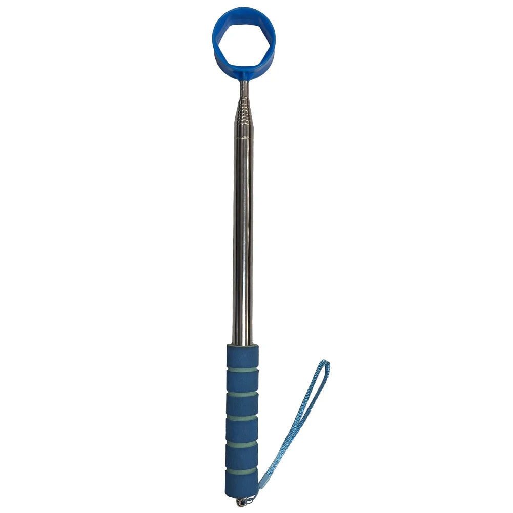 Blue extendable tool with a handle on a white background