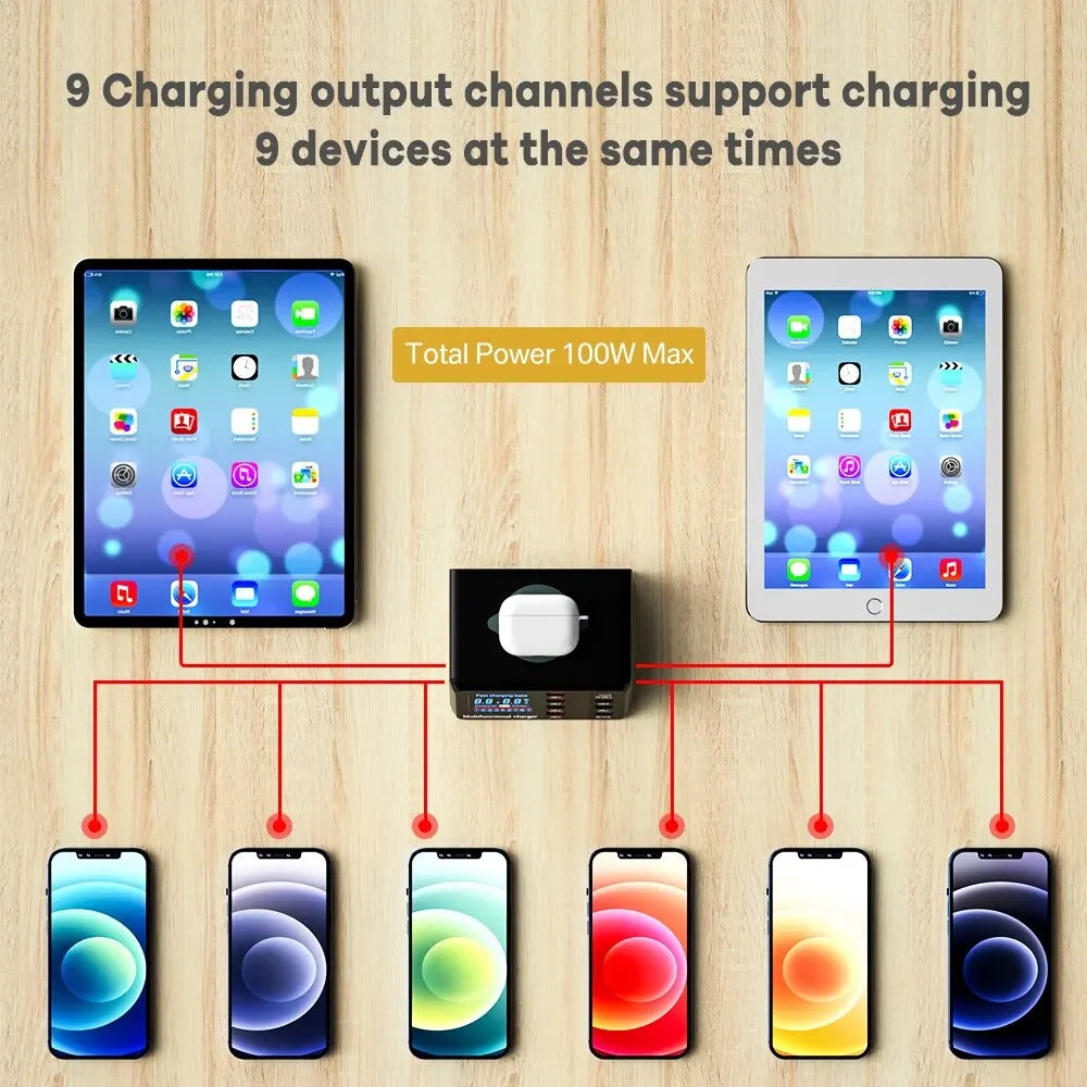 ASOMETECH 100W 8 Ports USB Fast Charger Station With Wireless Charging Digital Display QC3.0 PD3.0 Phone Charger For iPhone 17