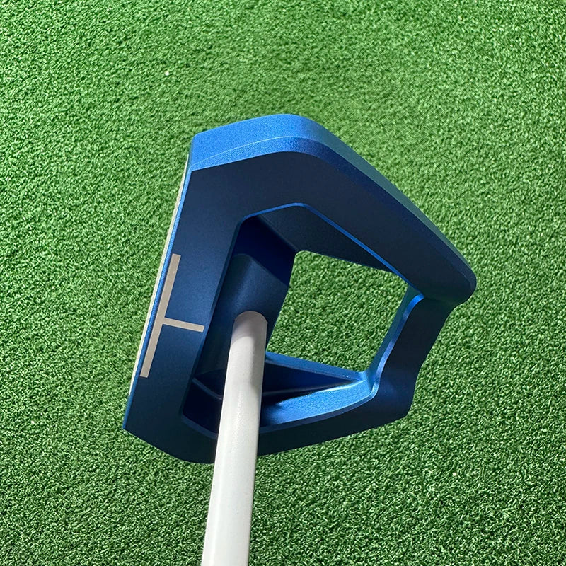 beginner golf putter UK - A blue golf putter head with a white shaft, photographed from above on a green artificial turf background.