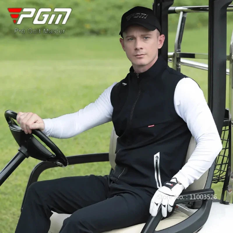 golf gilet UK - Man sitting in a golf cart on a golf course with PGM branding.