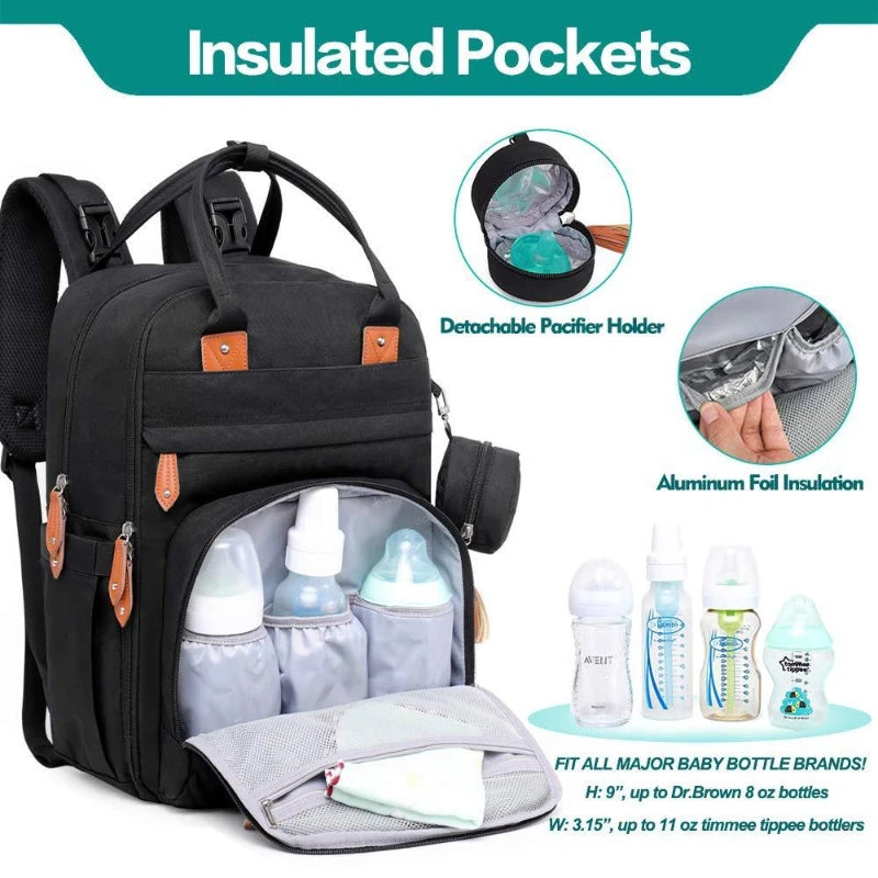 Black backpack with insulated pockets for baby bottles and accessories, featuring detachable pacifier holder and aluminum foil insulation.