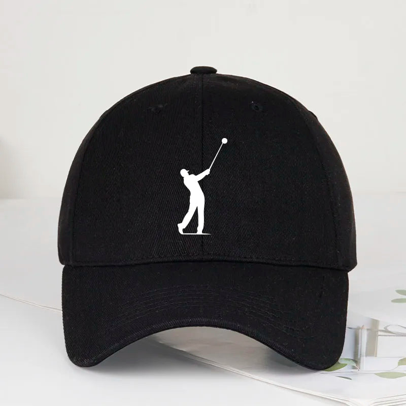 Golf cap UK — black golfer silhouette print baseball cap front view