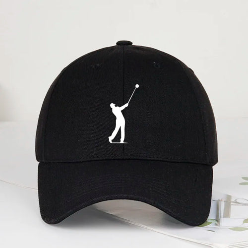 Golf cap UK — black golfer silhouette print baseball cap front view
