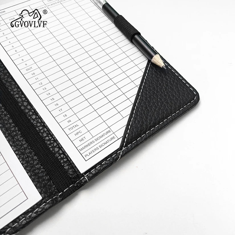 Golf scorecard holder UK - Scorecard holder with a pen on a white background, featuring the brand 'GGOVLV'.