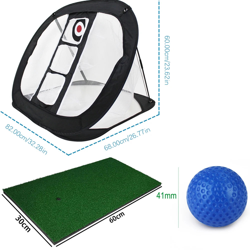 Golf practice net with dimensions, green mat, and blue golf ball on a white background