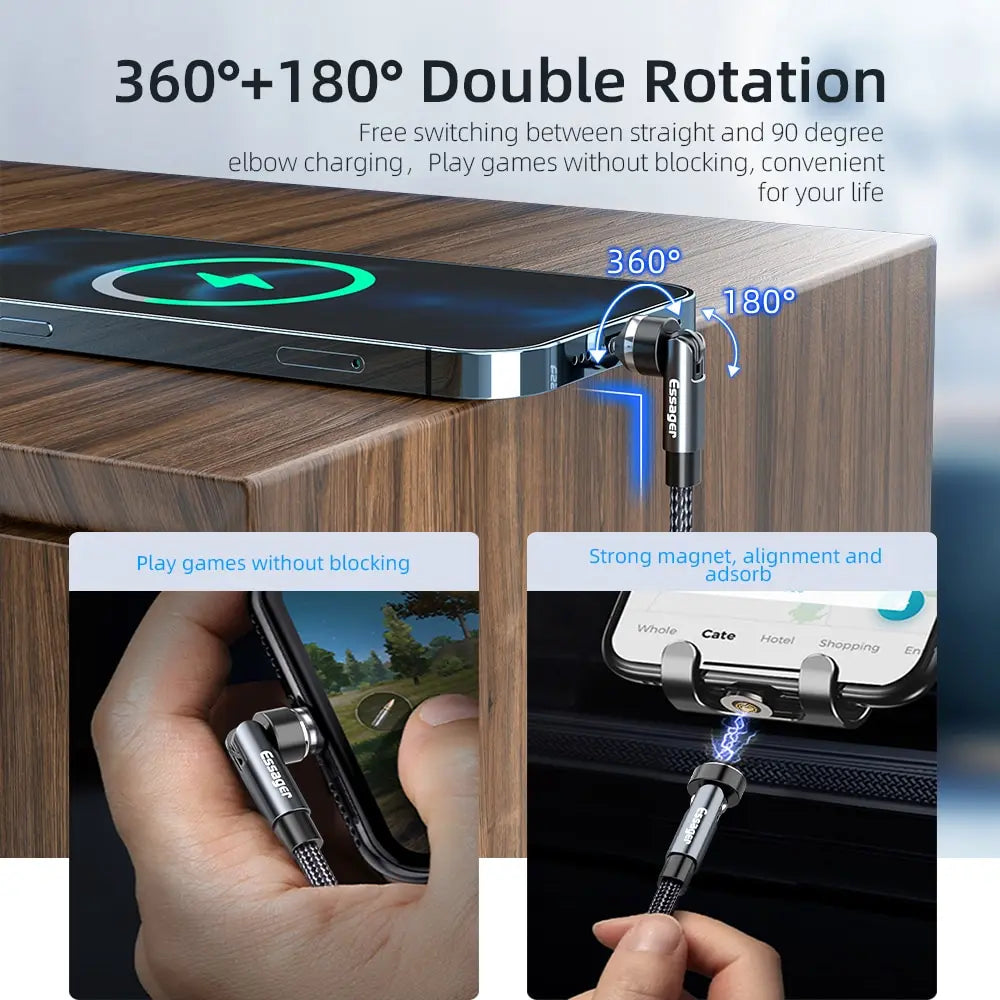 360° and 180° double rotation phone holder with charging feature on a wooden surface.