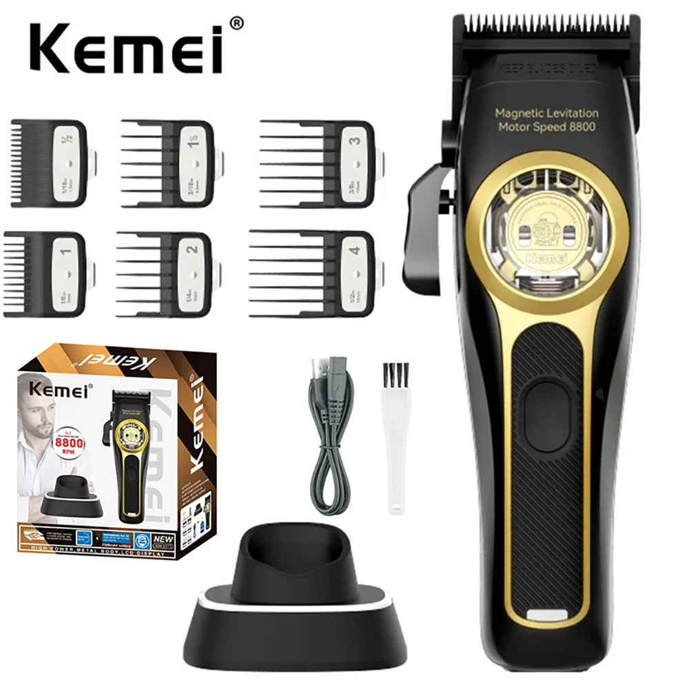 Kemei hair trimmer with attachments and packaging on a white background