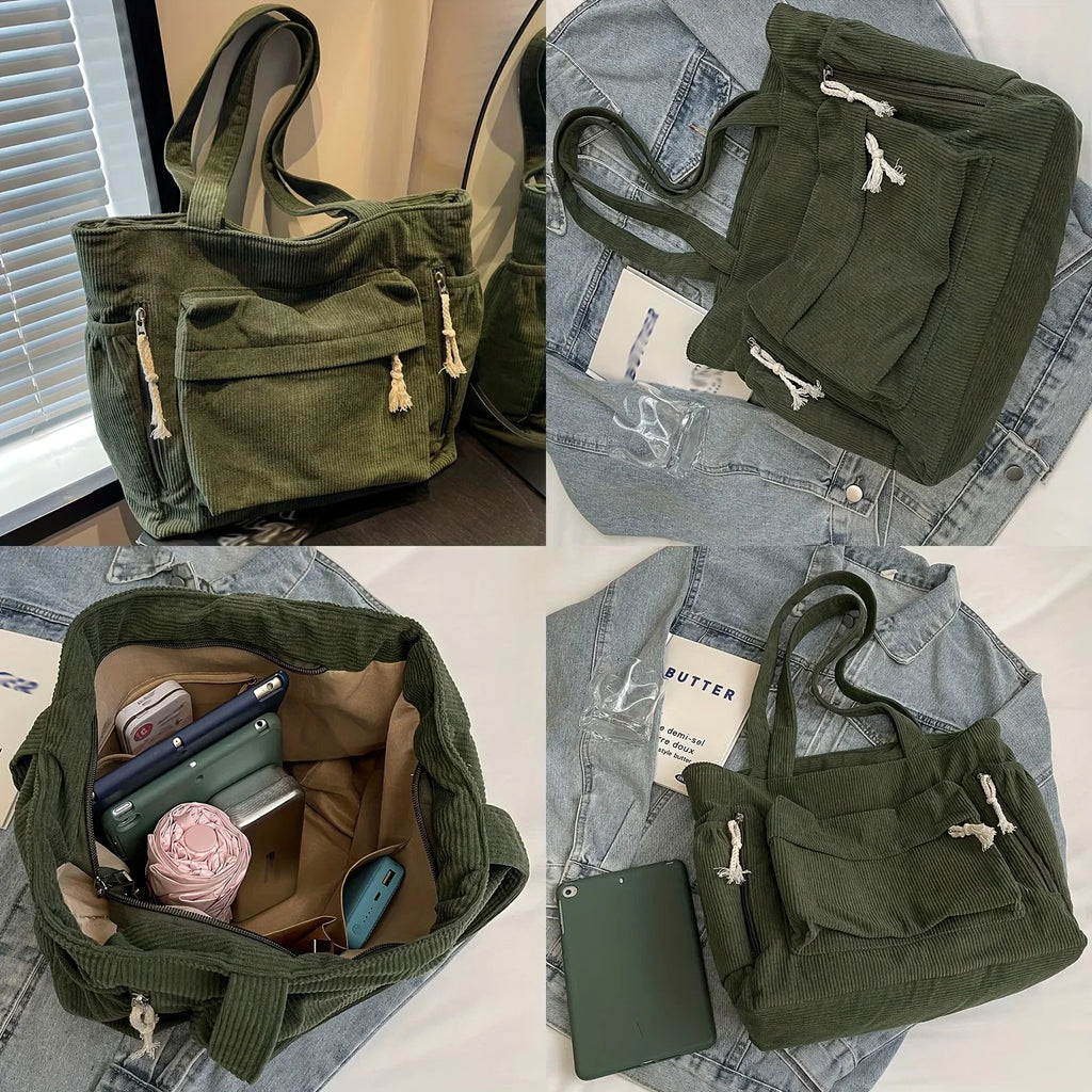 Multi-Pocket Corduroy Women’s Shoulder Tote Bag
