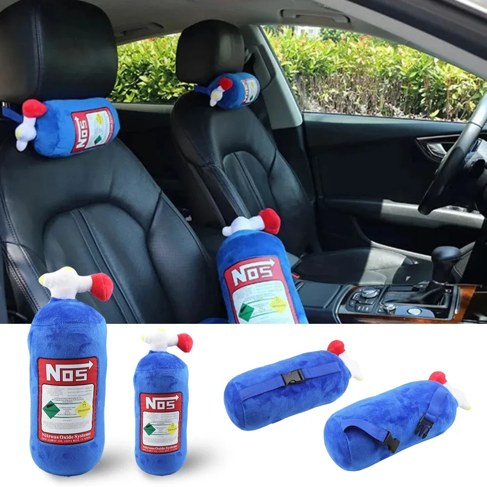 Blue NOS bottle-shaped car headrest pillow in a car interior.