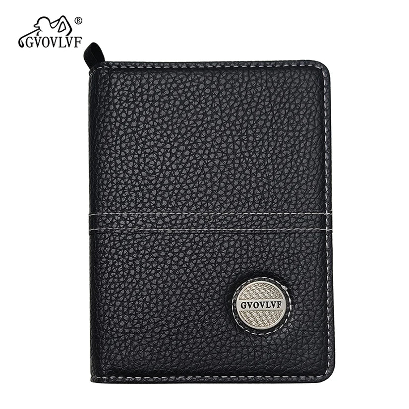Golf scorecard holder UK- Black leather wallet with brand logo on a white background