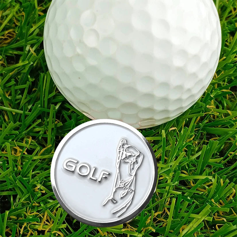 golf ball marker UK - Golf ball and cap clip with 'GOLF' and golfer icon on grass