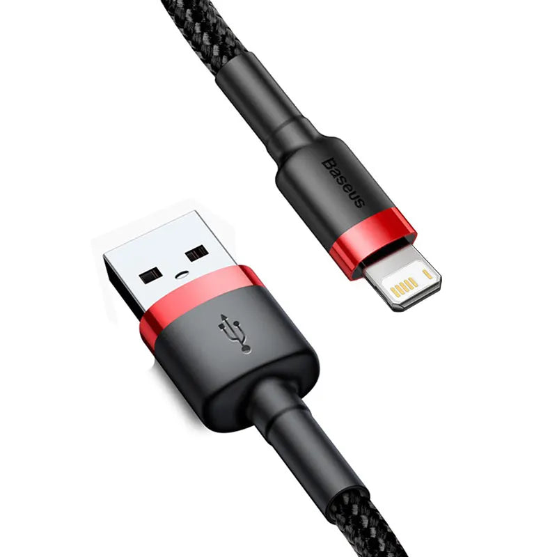 Black and red USB cable with Lightning connector on a white background
