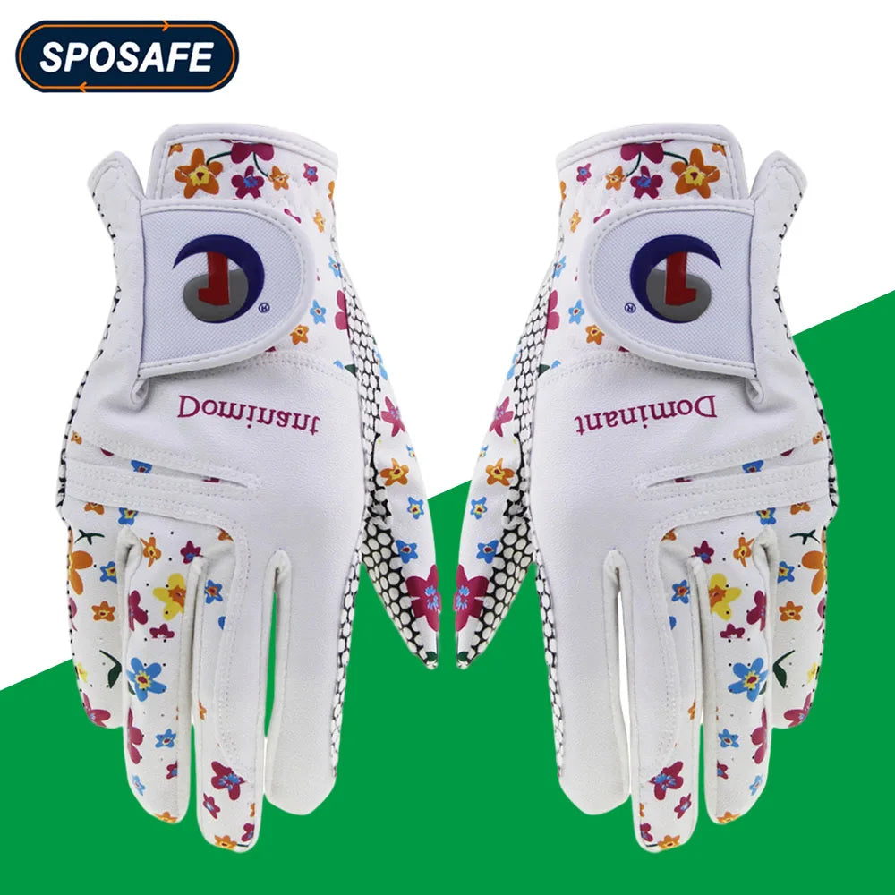 Pair of women's golf gloves UK floral-patterned gloves with brand logo on a green background