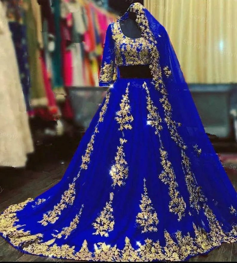 Arabic Muslim Blue Half-Sleeve Wedding Dresses With Cape Veil.