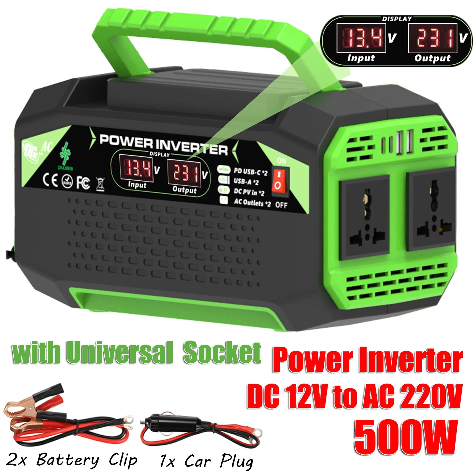 500W 12V to AC Power Inverter with USB & Type-C